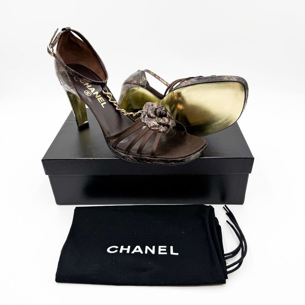 Chanel Cc Camellia Snakeskin Python Platform Chai… - image 1